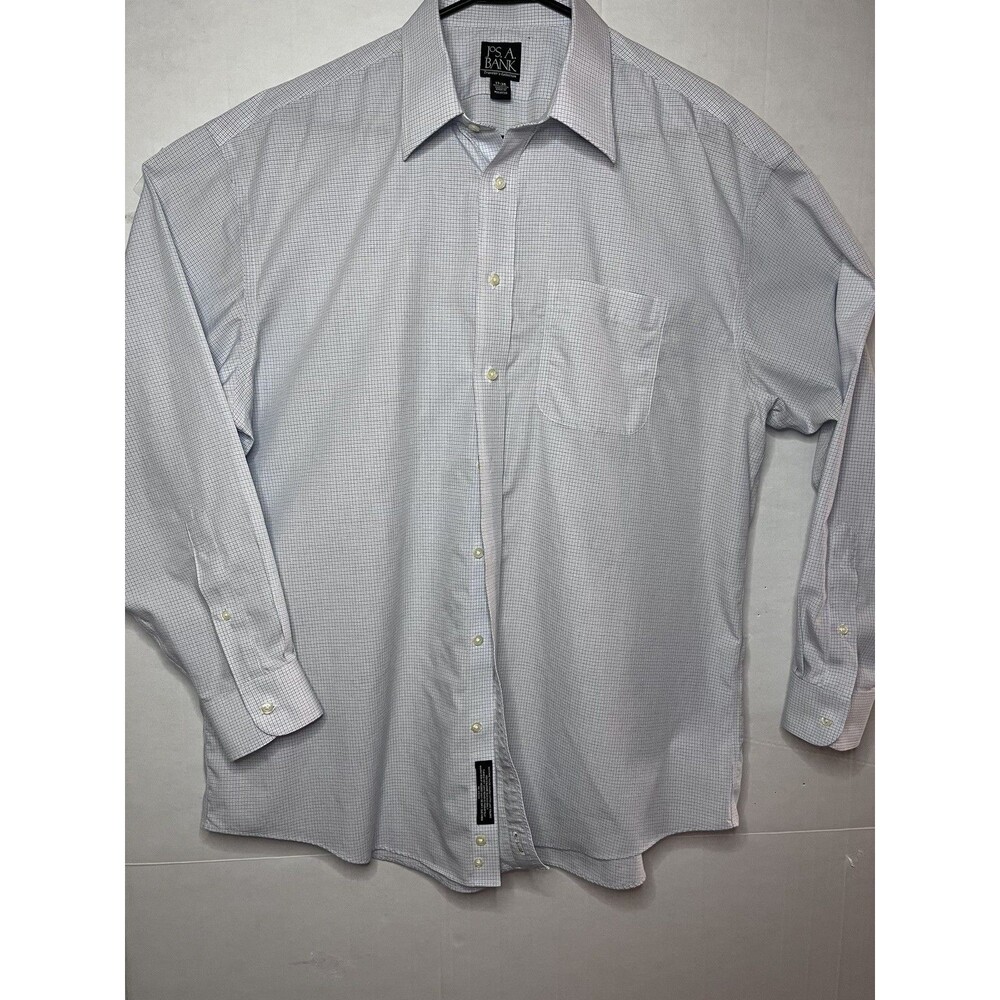 Jos A Bank Traveler Dress Shirt Mens 17 - 35 Blue Check Slim Fit Cotton